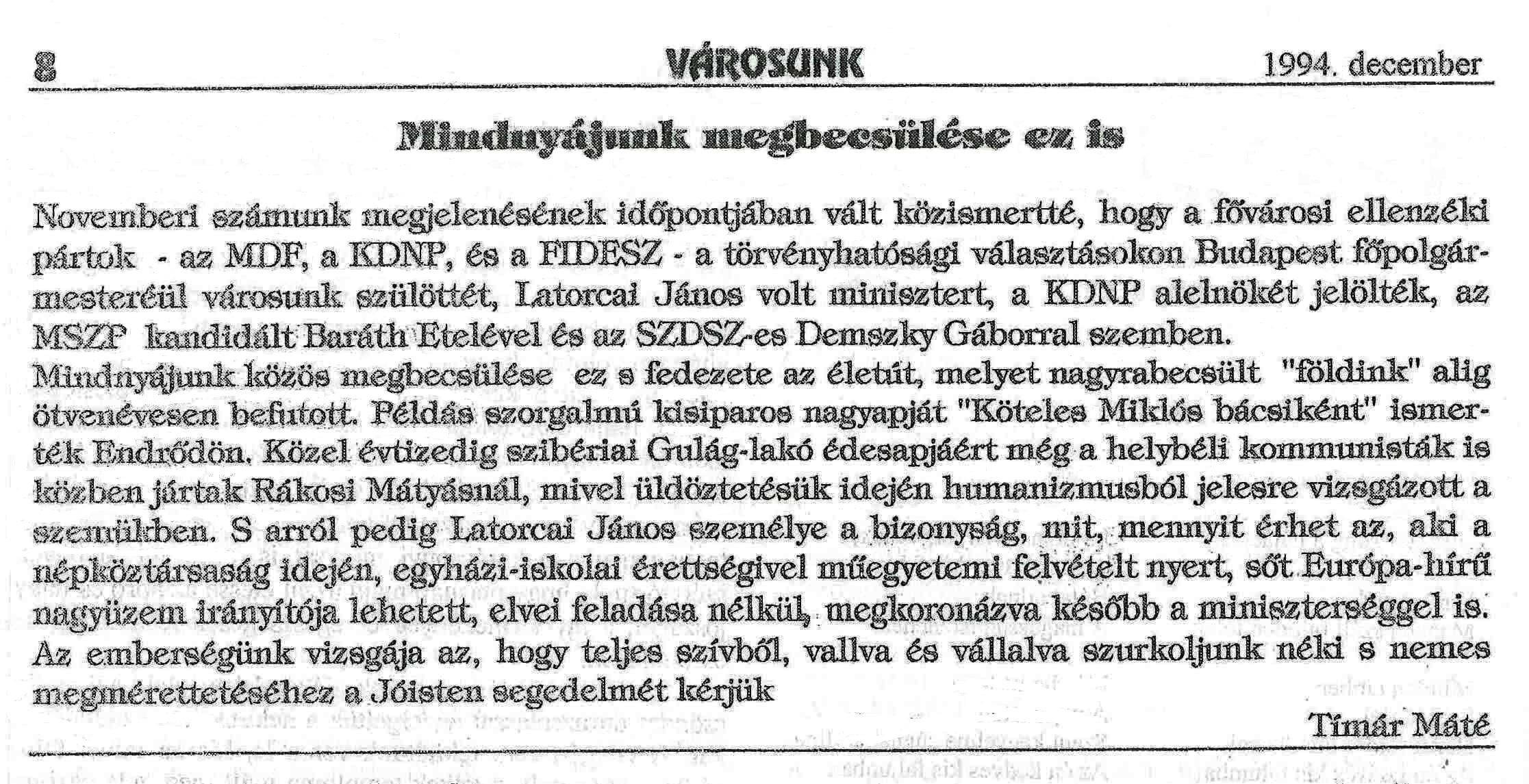 mindnyajunk megbecsulese irasa varosunk 1994 12 08