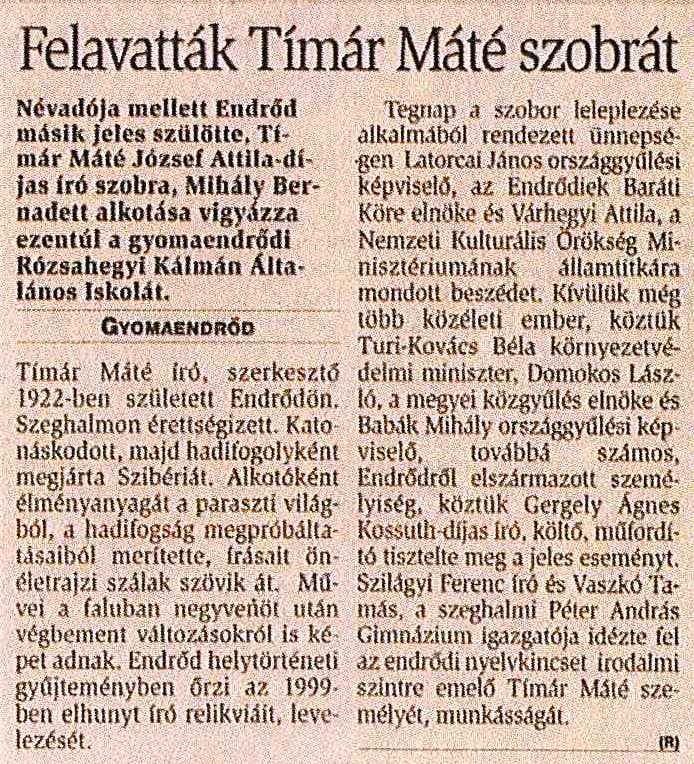 felavattak timar mate szobrat bekes megyei hirlap 2001 06 18 5